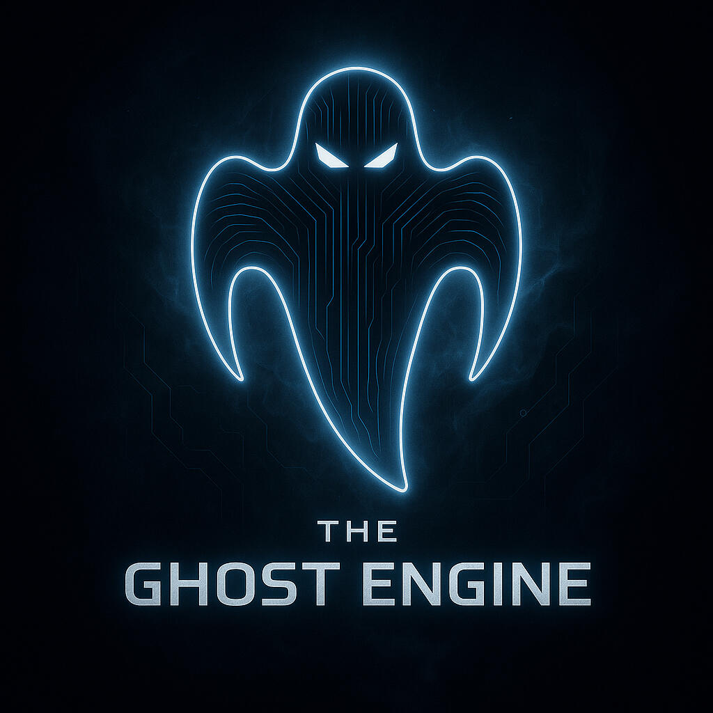 The Ghost Engine Logo – AI-Powered Content System Futuristic glowing ghost logo representing The Ghost Engine marketing system