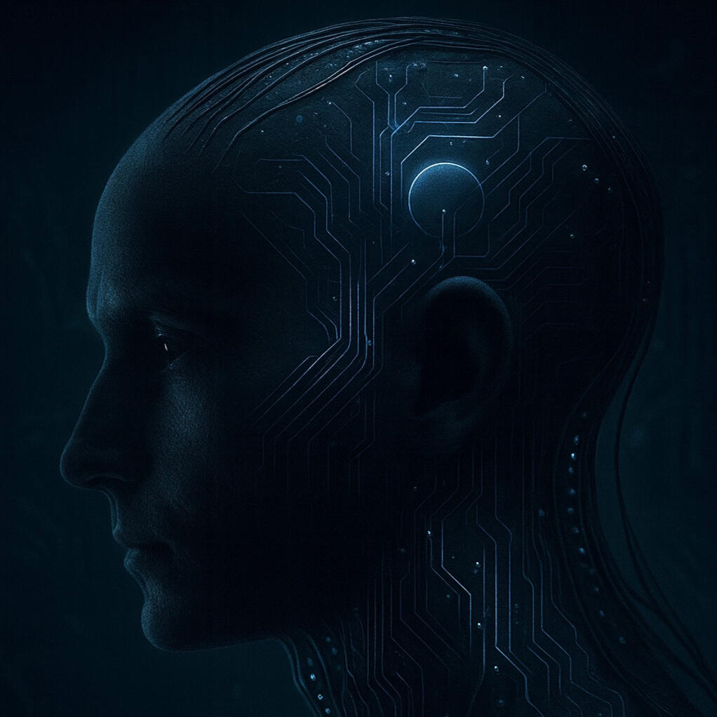 Human head with digital circuits symbolizing human-AI hybrid creativity