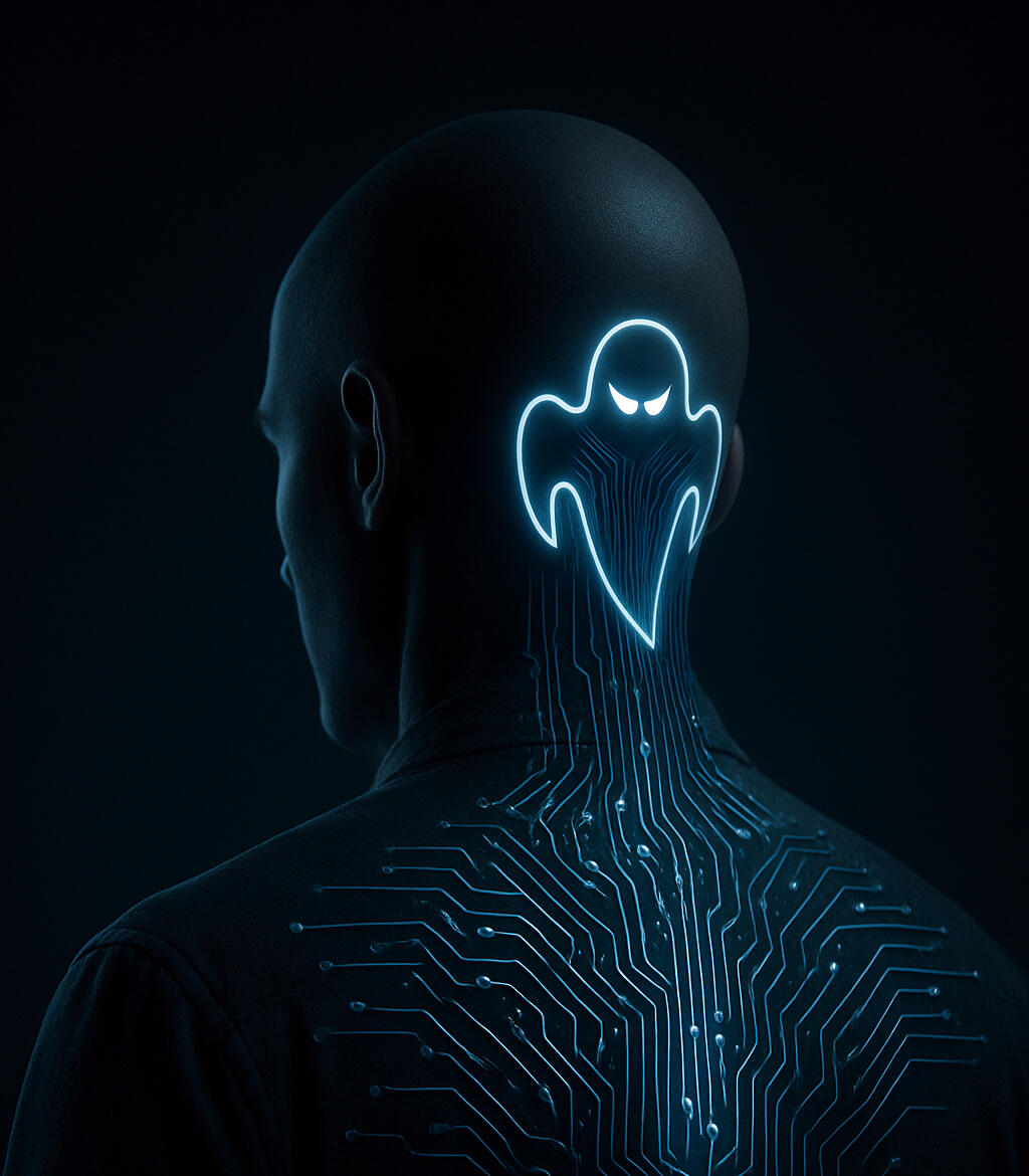 Futuristic ghost circuit emblem glowing on the back of a person’s neck